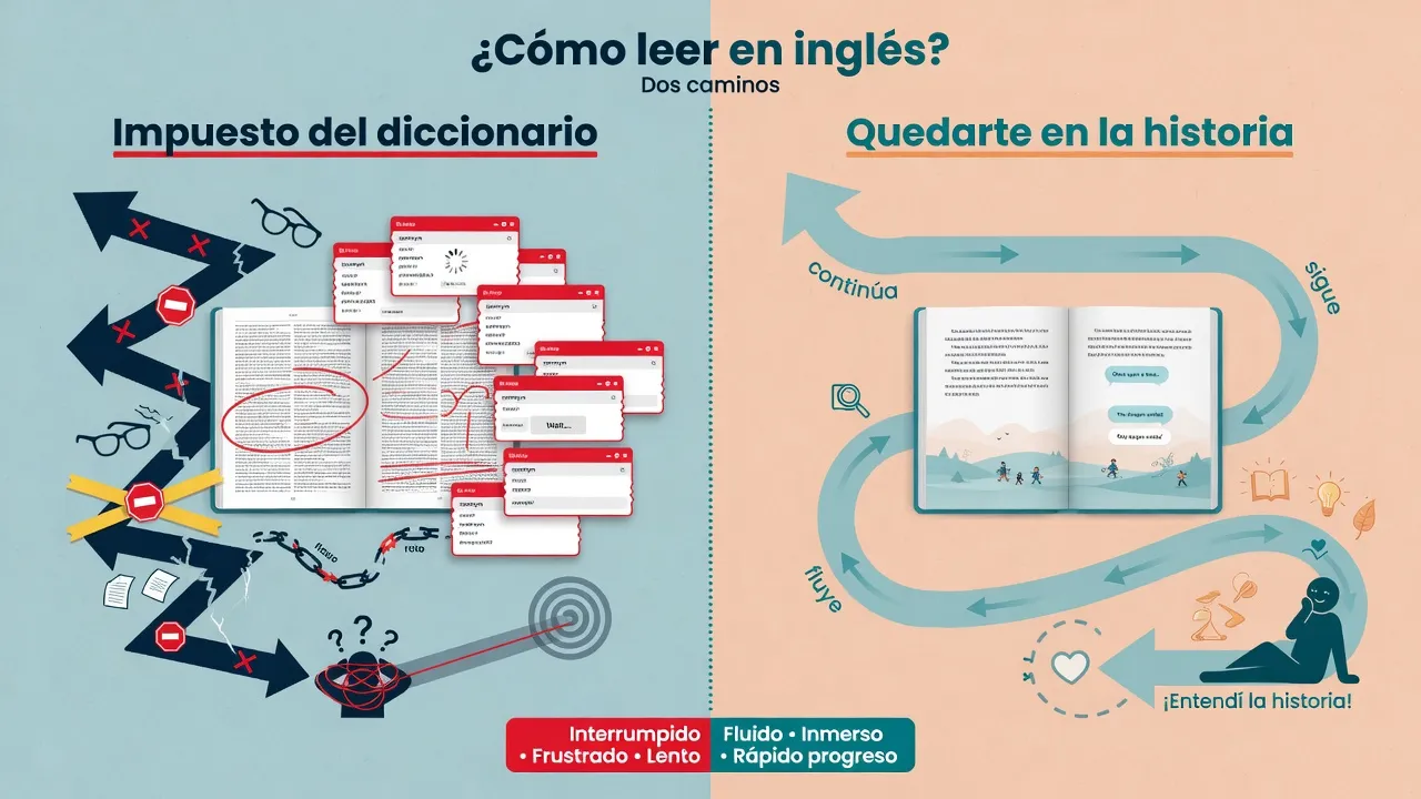 Comparación: impuesto del diccionario con popups constantes frente a quedarte en la historia con pocas consultas