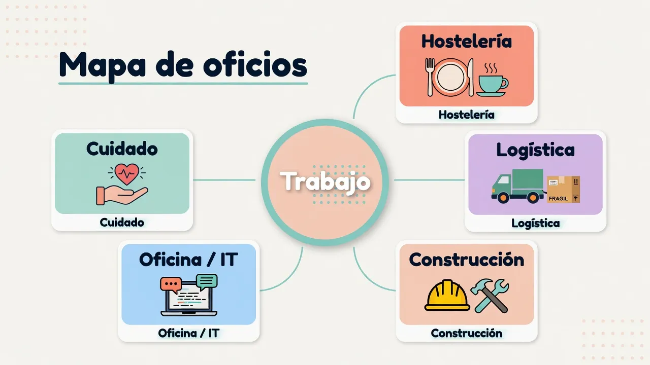 Mapa de cinco grupos de frases laborales en espanol por tipo de trabajo