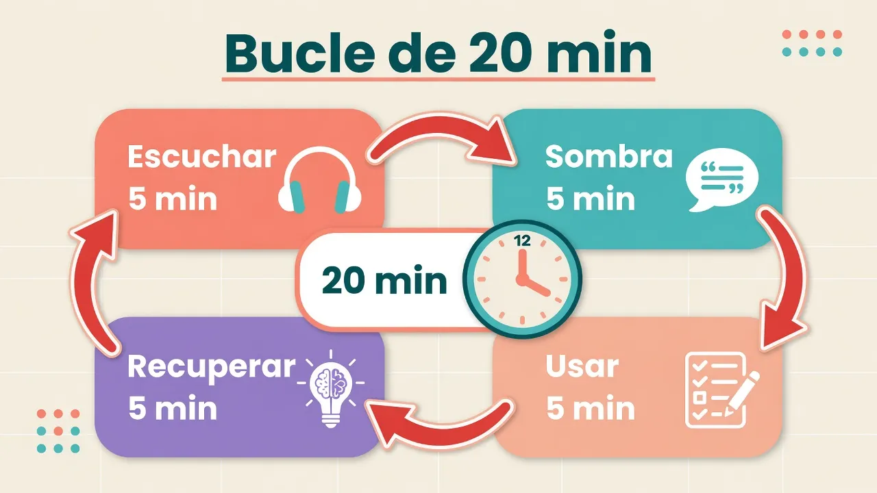 Bucle de 20 minutos para practicar espanol laboral: escuchar, sombra, usar, recuperar