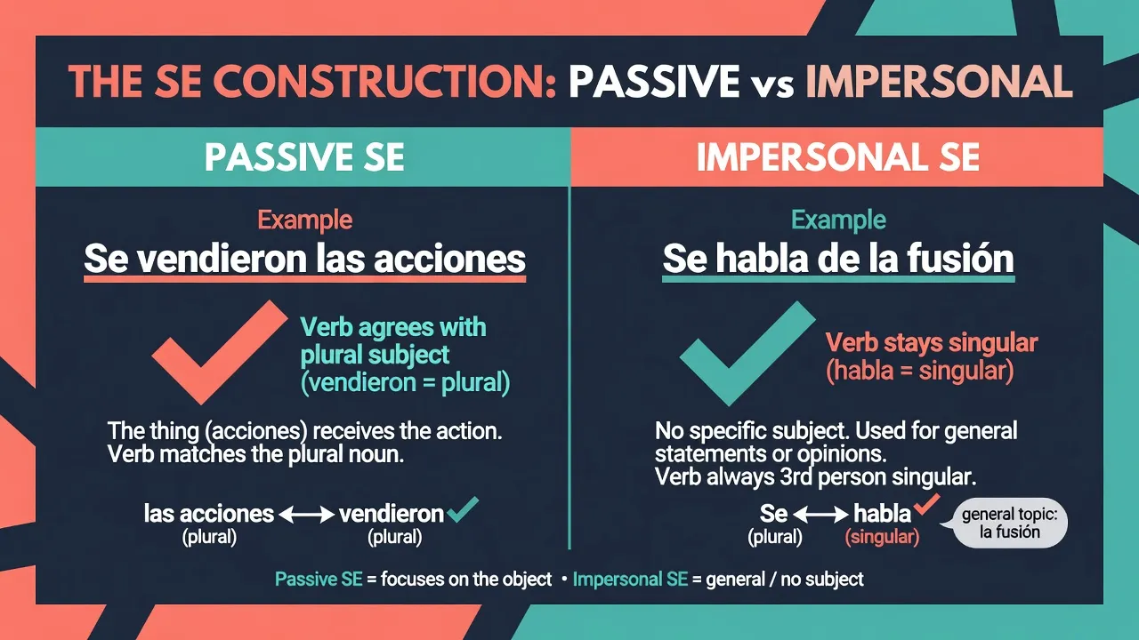 Контраст: se pasivo (дієслово узгоджується) vs se impersonal (однина)