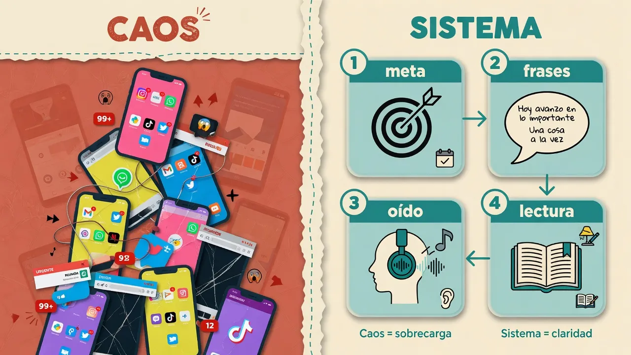 Comparación: pila de apps frente a un sistema simple de meta, frases, oído y lectura A1