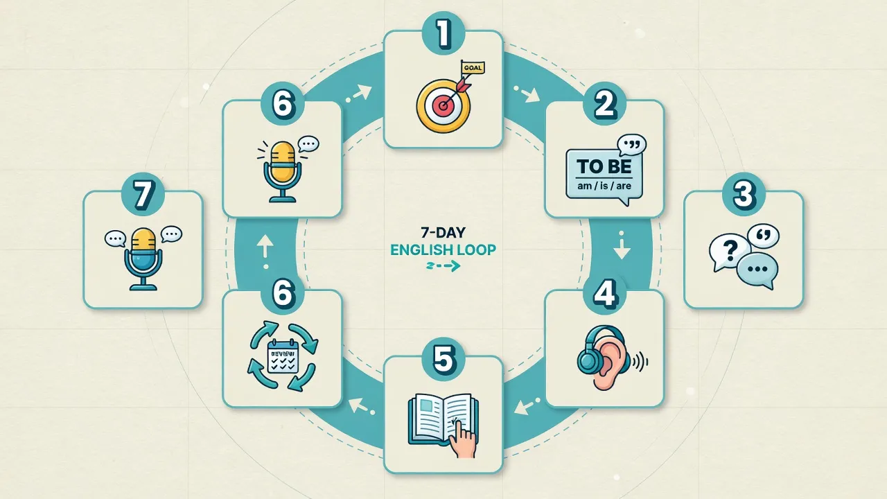 Bucle de 7 días para estudiar inglés desde cero: meta, frases, oído, lectura y repaso