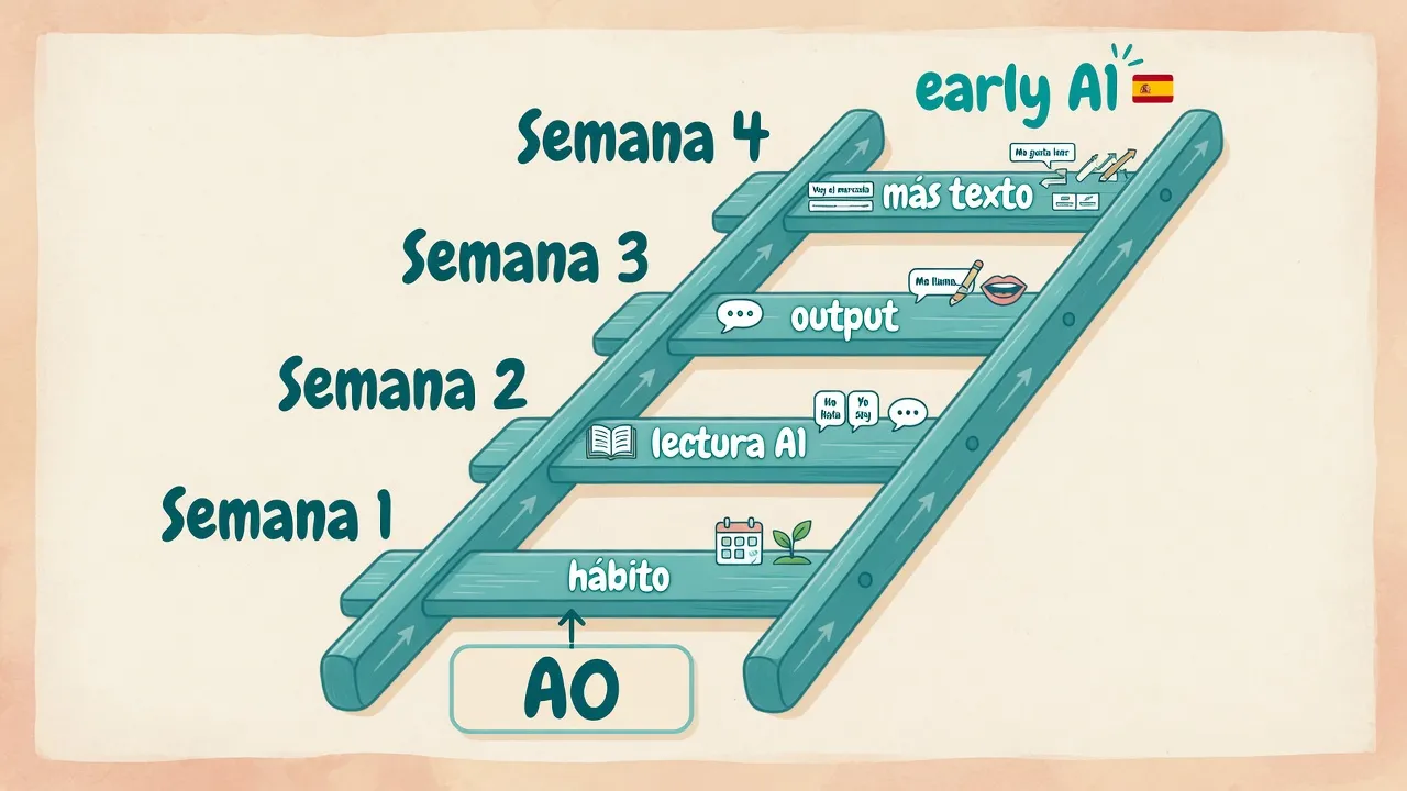 Escalera de 4 semanas A0 a A1 temprano: hábito, lectura, output y frases en uso