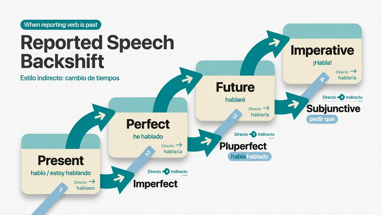 Сходинка backshift: present → imperfect, futuro → condicional, imperativo → subjuntivo