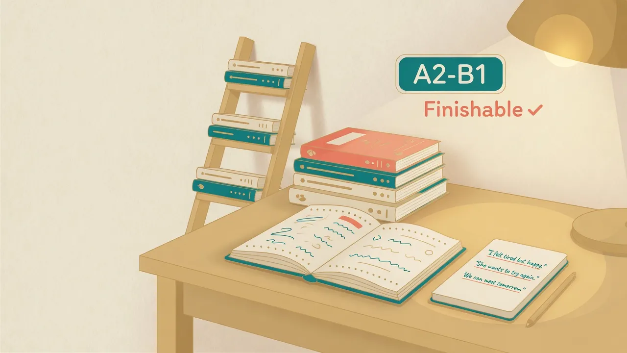 Тепла ілюстрація доступних книжок англійською та блокнота для A2-B1, спокійний освітній настрій