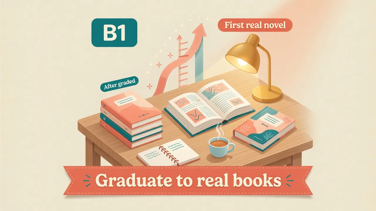 Novela en español abierta junto a una lectura graduada corta sobre un escritorio - primera novela real tras libros graduados