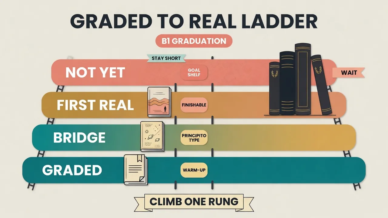 Ladder from graded Spanish readers to short bridge novels then a not-yet prestige shelf