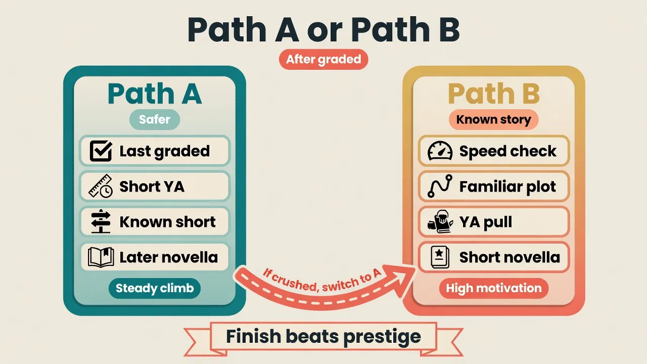 Two reading paths after graded readers - safer Path A and known-story Path B