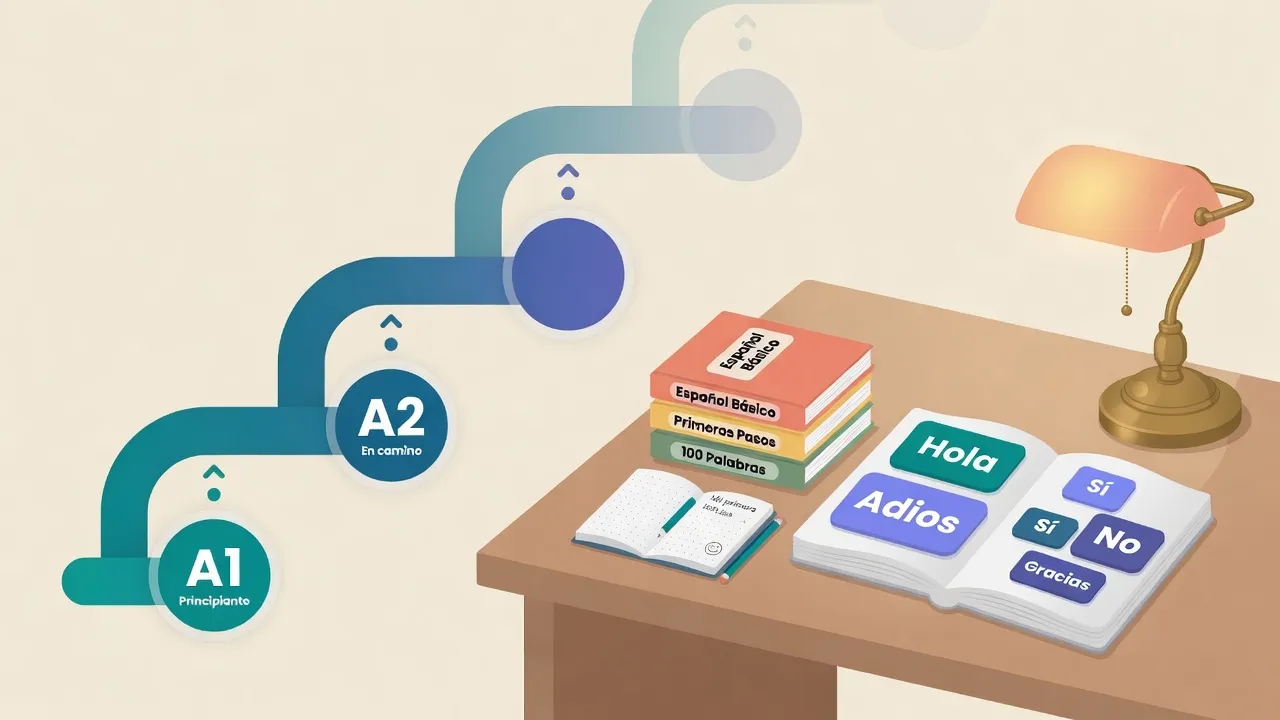 Тепла ілюстрація столу абсолютного початківця: короткі learner-книги іспанською, відкритий блокнот і маленька драбина A1 до A2