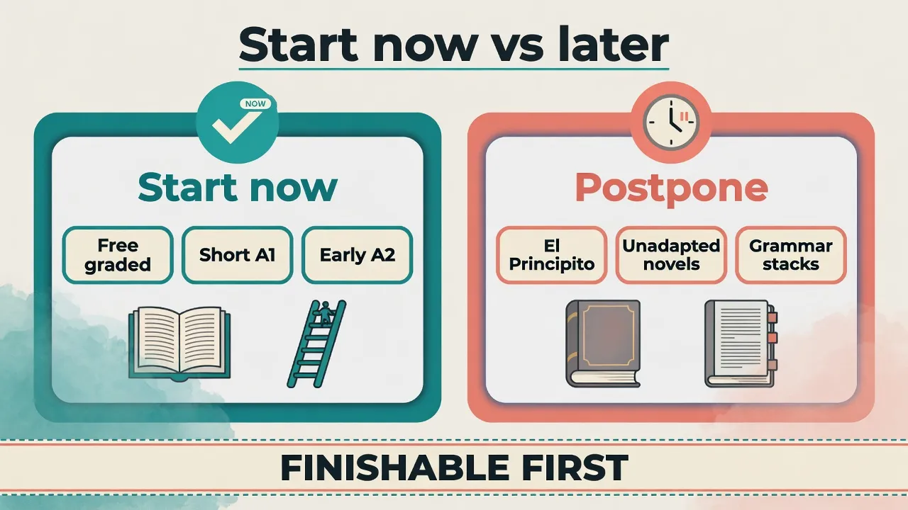 Порівняльна дошка: start-now (free graded, short A1, early A2) проти postpone (Principito, неадаптовані романи, граматика)