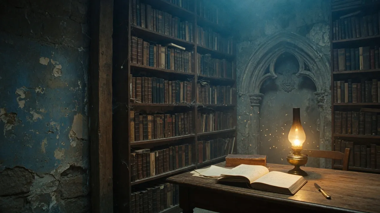 Biblioteca oculta de estilo barcelonés con estanterías altas, niebla y una lámpara de aceite cálida sobre un escritorio con libros abiertos