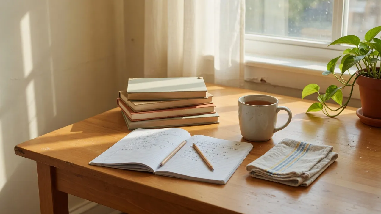 Теплий кухонний стіл біля вікна з паперовими книжками, зошитом, чаєм і синьо-жовтою тканиною: легкі англійські книги для українців