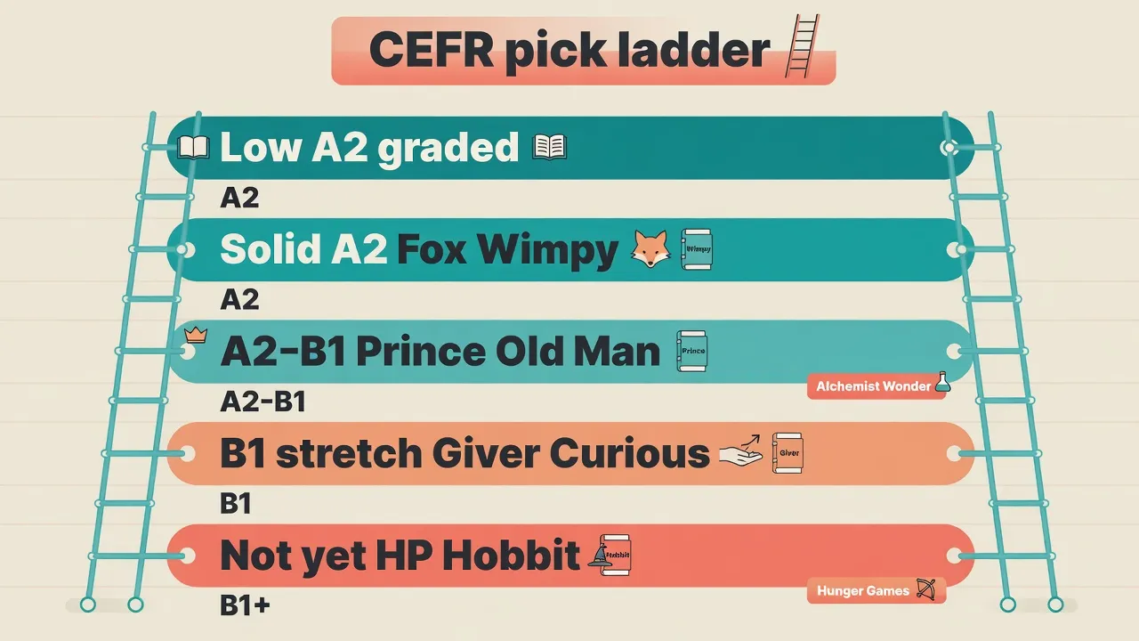 Драбина вибору за CEFR: Low A2 graded, Solid A2 Fox Wimpy, A2-B1 Prince Old Man плюс Alchemist Wonder, B1 stretch Giver Curious, Not yet HP Hobbit Hunger Games