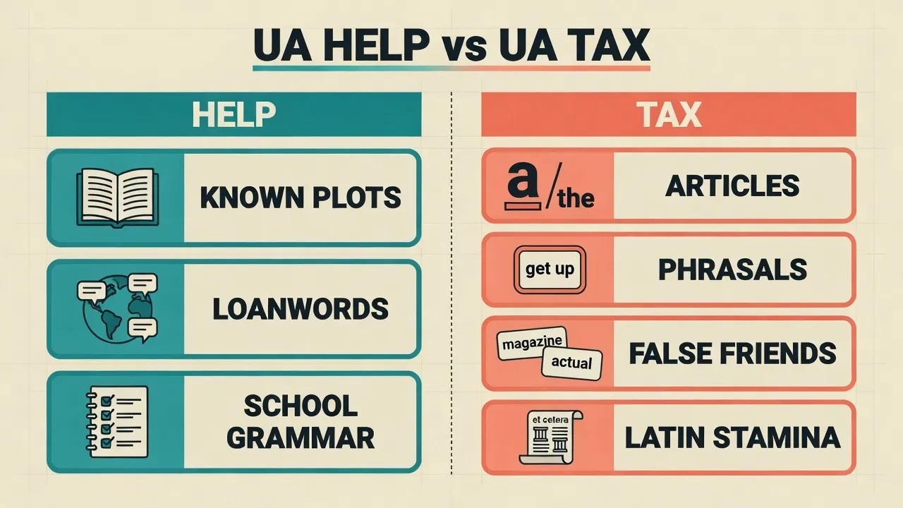 Дошка UA help vs UA tax: знайомі сюжети, запозичення, шкільна граматика проти артиклів, phrasals, false friends, витривалості латинської сторінки