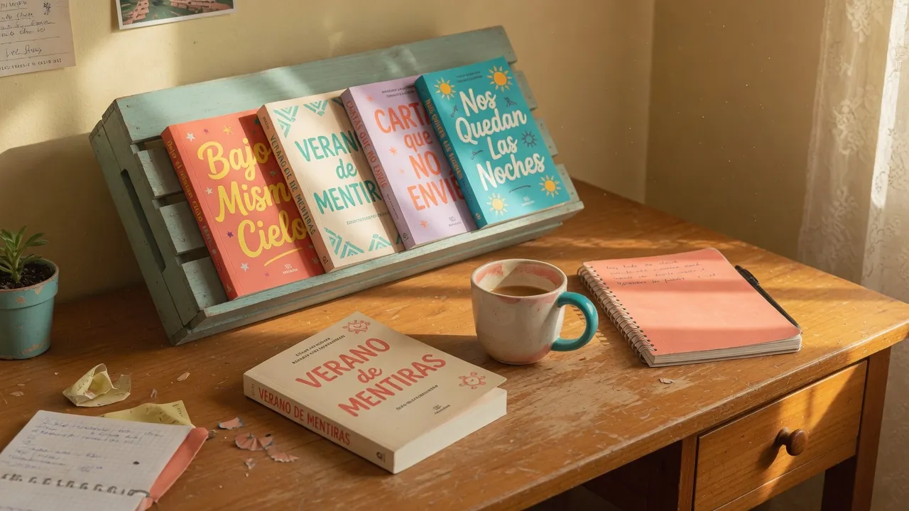 Pila de novelas juveniles en espanol sobre un escritorio para lectura diaria B1-B2