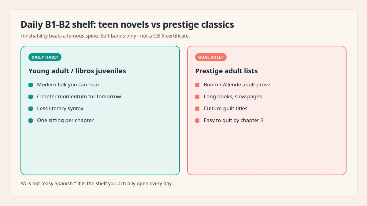 Diagrama que compara novelas juveniles como habito diario con clasicos de prestigio que frenan a lectores B1