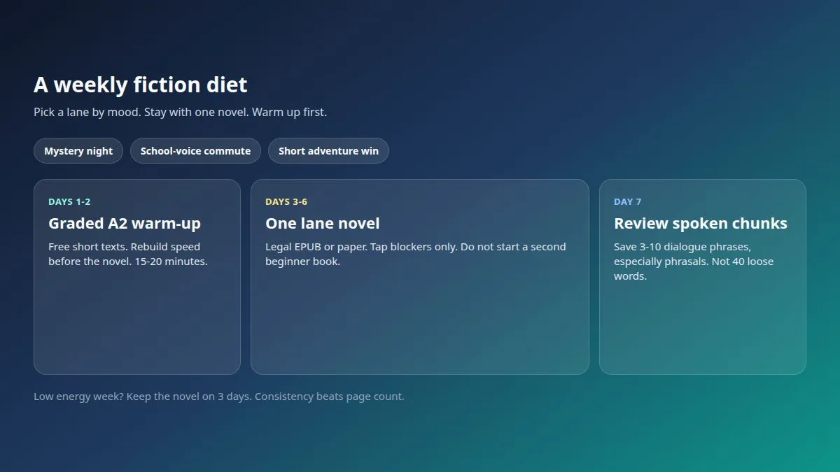 Weekly fiction diet: graded warm-up days, one lane novel, then phrase review