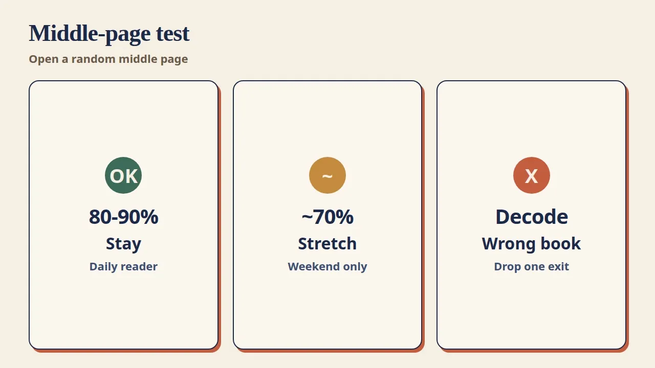 80-90 percent middle-page test: stay as daily reader, stretch only on a weekend, or drop one exit if you are decoding.