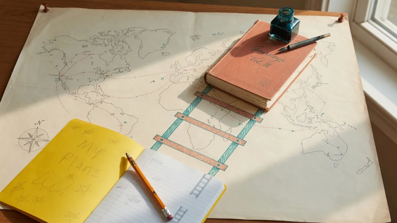 A paper map climbing from a YA notebook to a later literary book