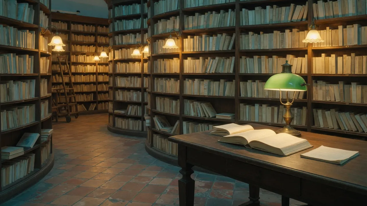 Night library of open books forming a quiet labyrinth for first Borges reading