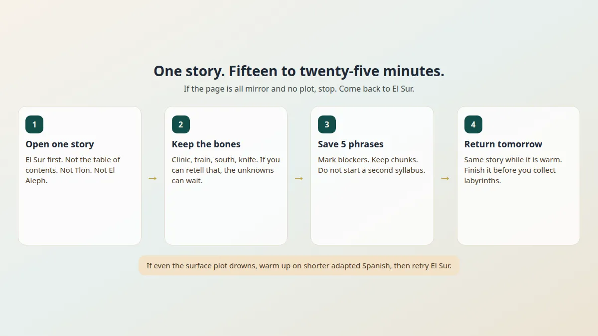 Reading loop: one Borges story, 15-25 minutes, five phrases