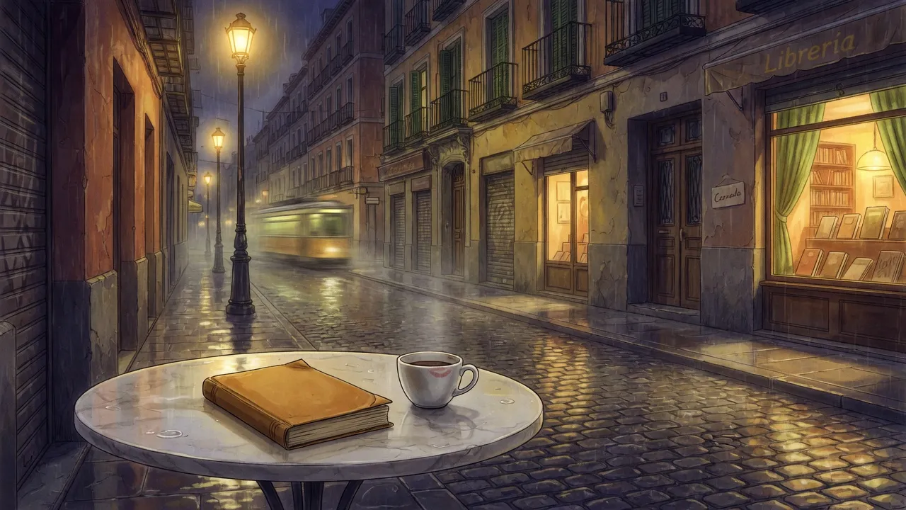 Warm night street in Madrid, streetlamp on wet cobblestones, a blank paperback and coffee on a cafe table, no violence