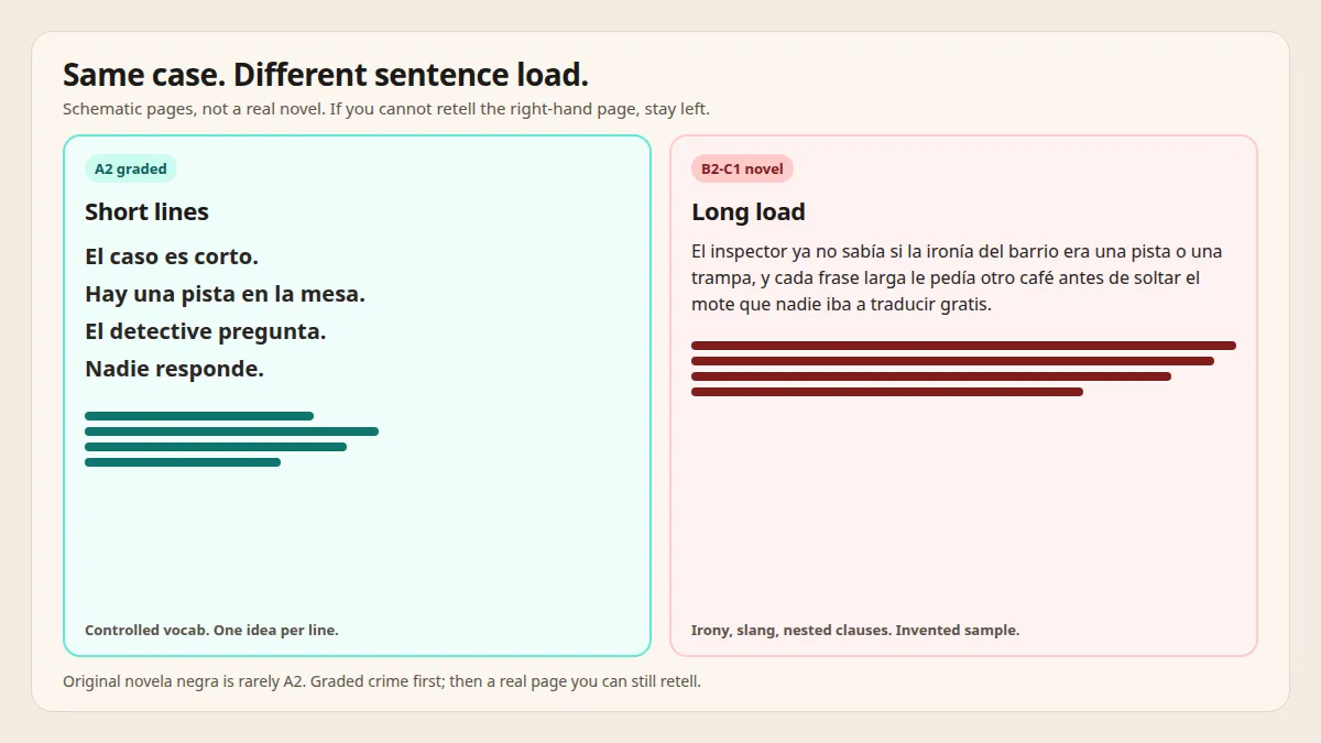 Side-by-side: short learner crime lines versus a dense invented original paragraph