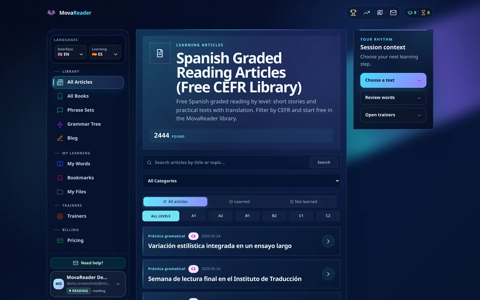 MovaReader article library with CEFR level and topic filters