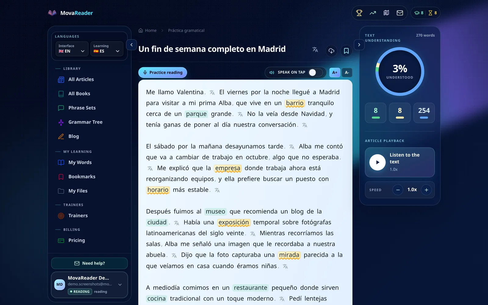 MovaReader reader with navigation on the left, text in the centre, progress panel on the right