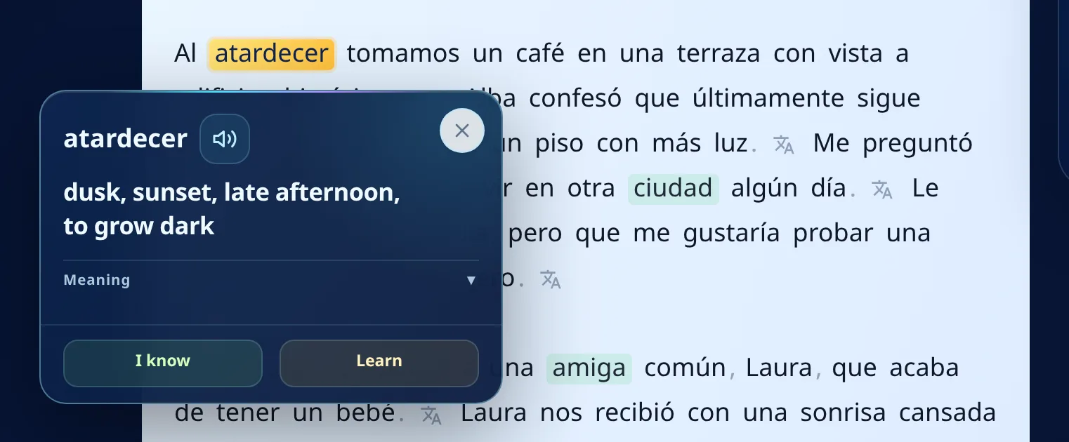 Translation card for the Spanish word atardecer with the I know and Learn buttons