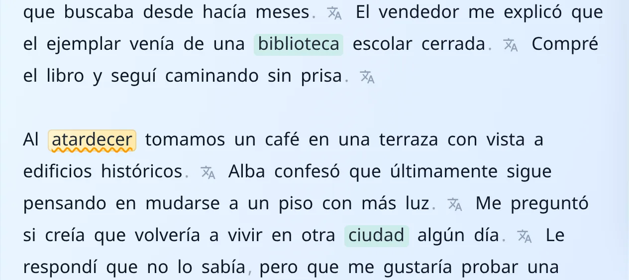 The word atardecer highlighted in amber after being added to the learning list