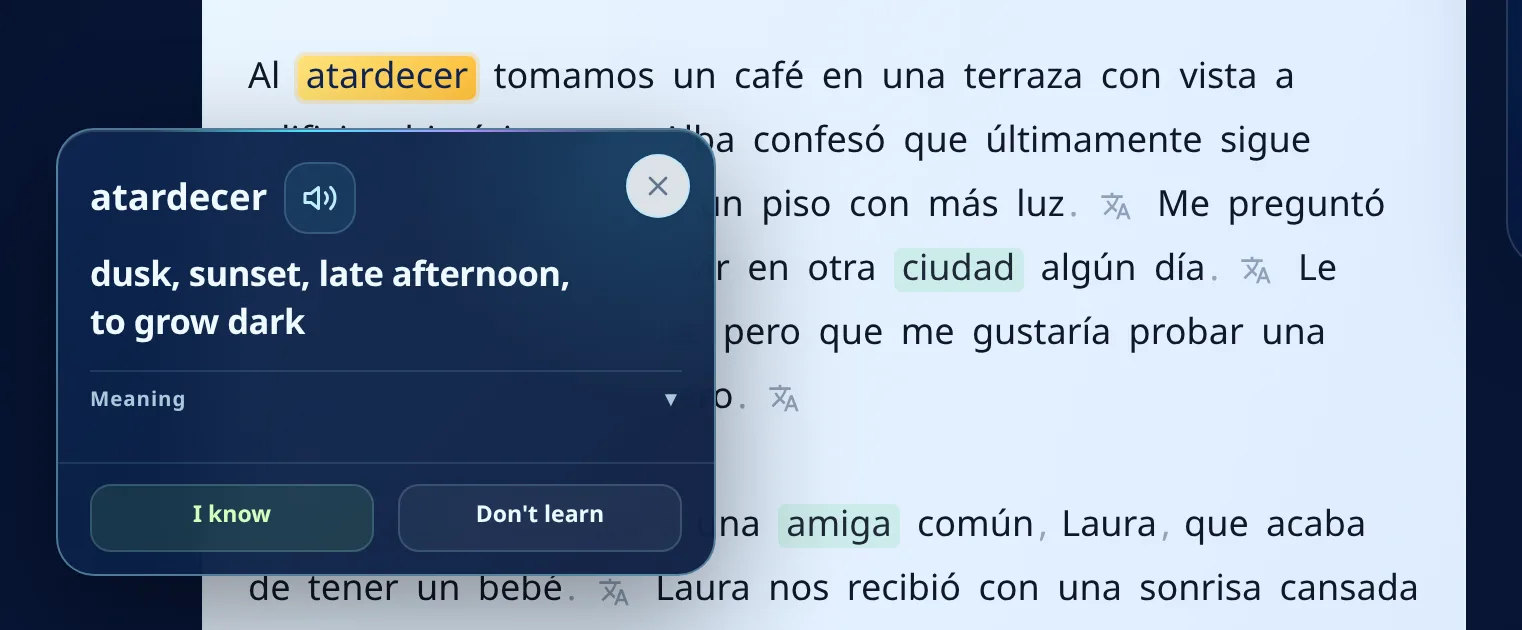 Translation card for a word in the learning state with the I know and Don't learn buttons