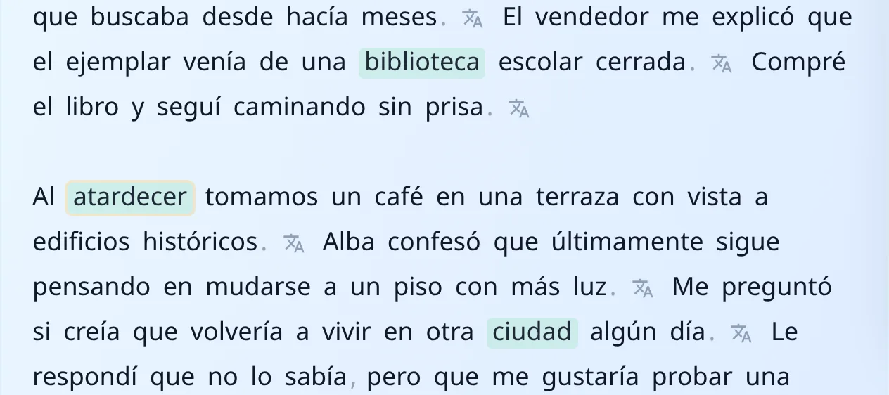 The word atardecer highlighted in green after being marked as learned