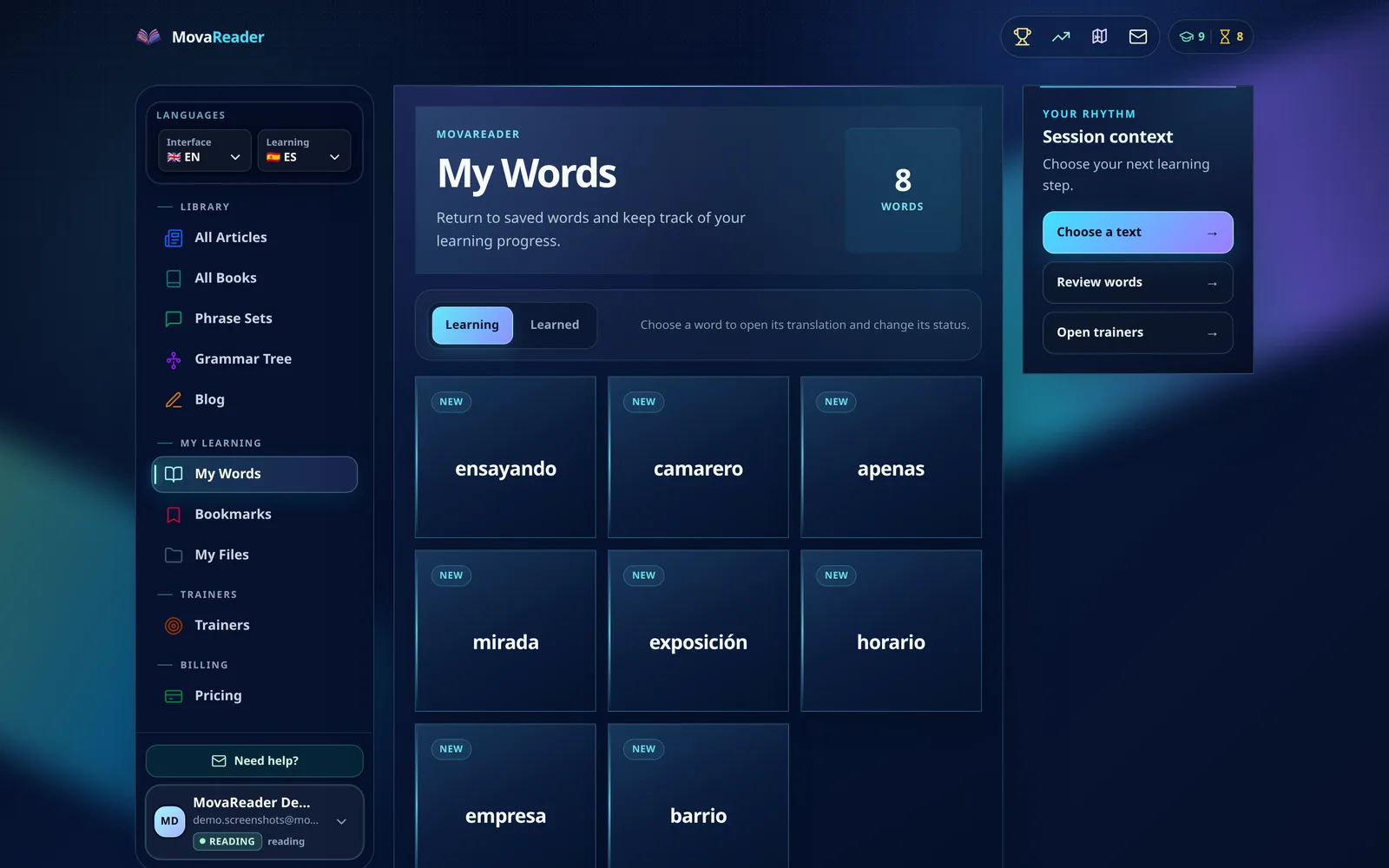 My words section listing the saved vocabulary