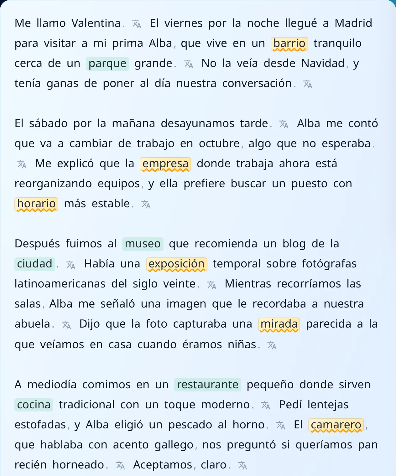 Article text with words colour coded by learning status