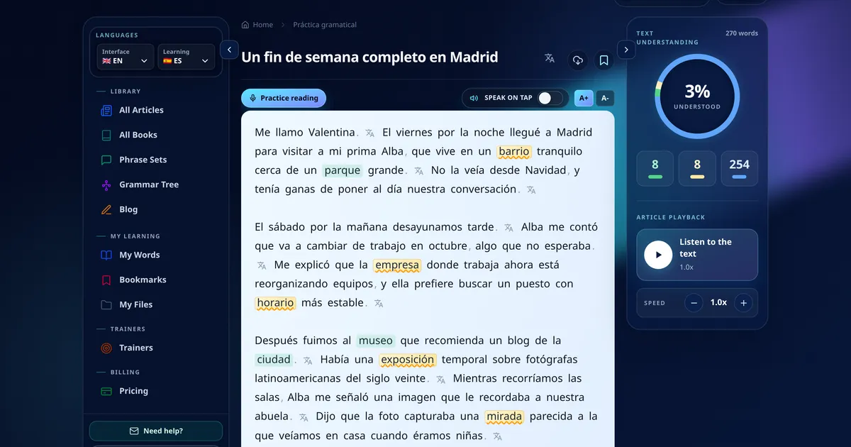 MovaReader reader screen with words colour coded by learning status