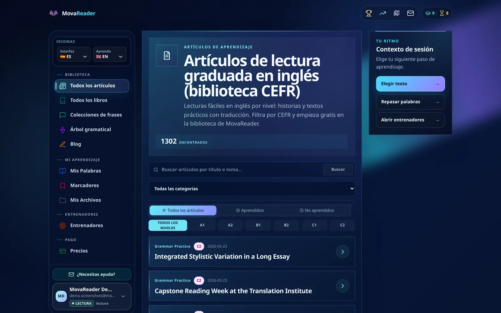 Biblioteca de artículos de MovaReader con filtros por nivel y tema