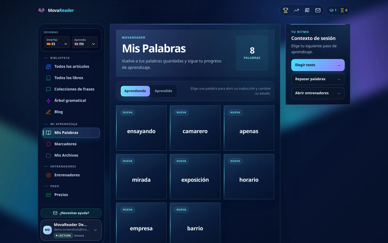 Sección Mis palabras con la lista de vocabulario guardado