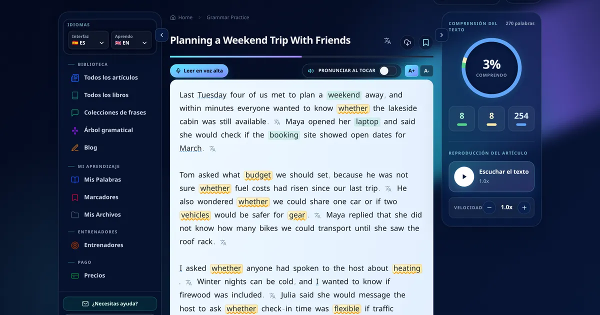 Pantalla del lector de MovaReader con palabras coloreadas según su estado