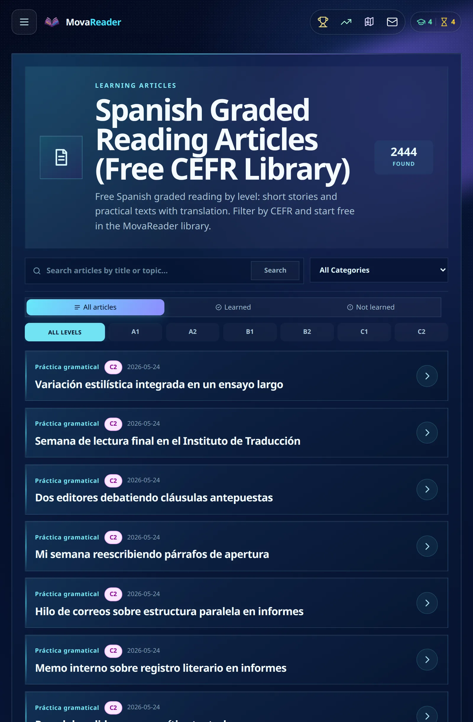 The MovaReader article library showing thousands of Spanish texts filtered by CEFR level