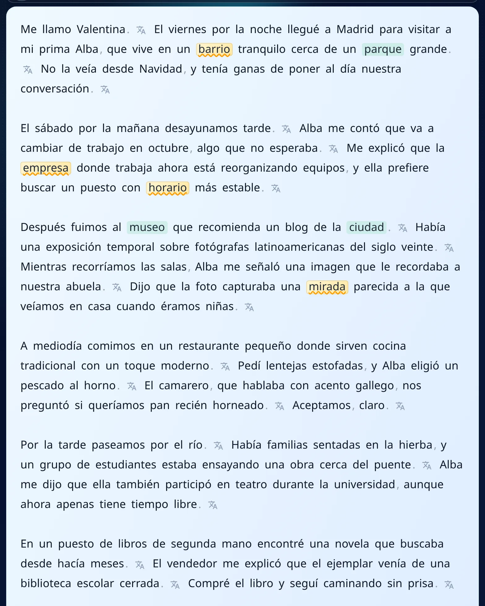 A Spanish article in the MovaReader reader with known words in green and learning words in amber