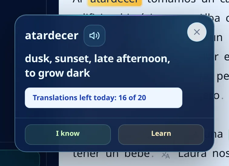 The translation card for a Spanish word showing translations left today, 16 of 20