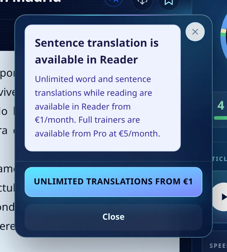 The card explaining that sentence translation is available on the Reader plan