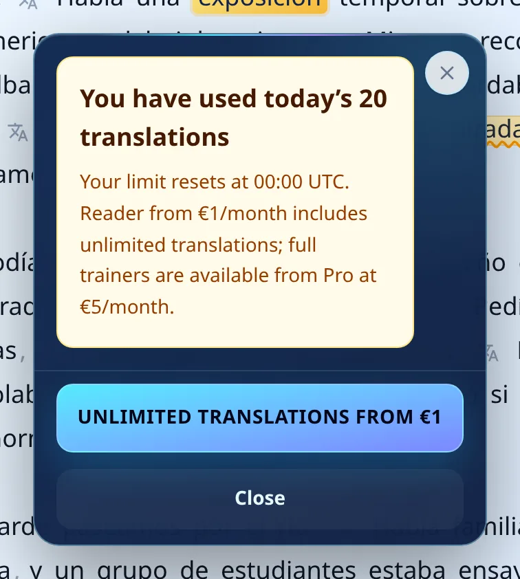 The card explaining that today's 20 translations are used and the limit resets at 00:00 UTC