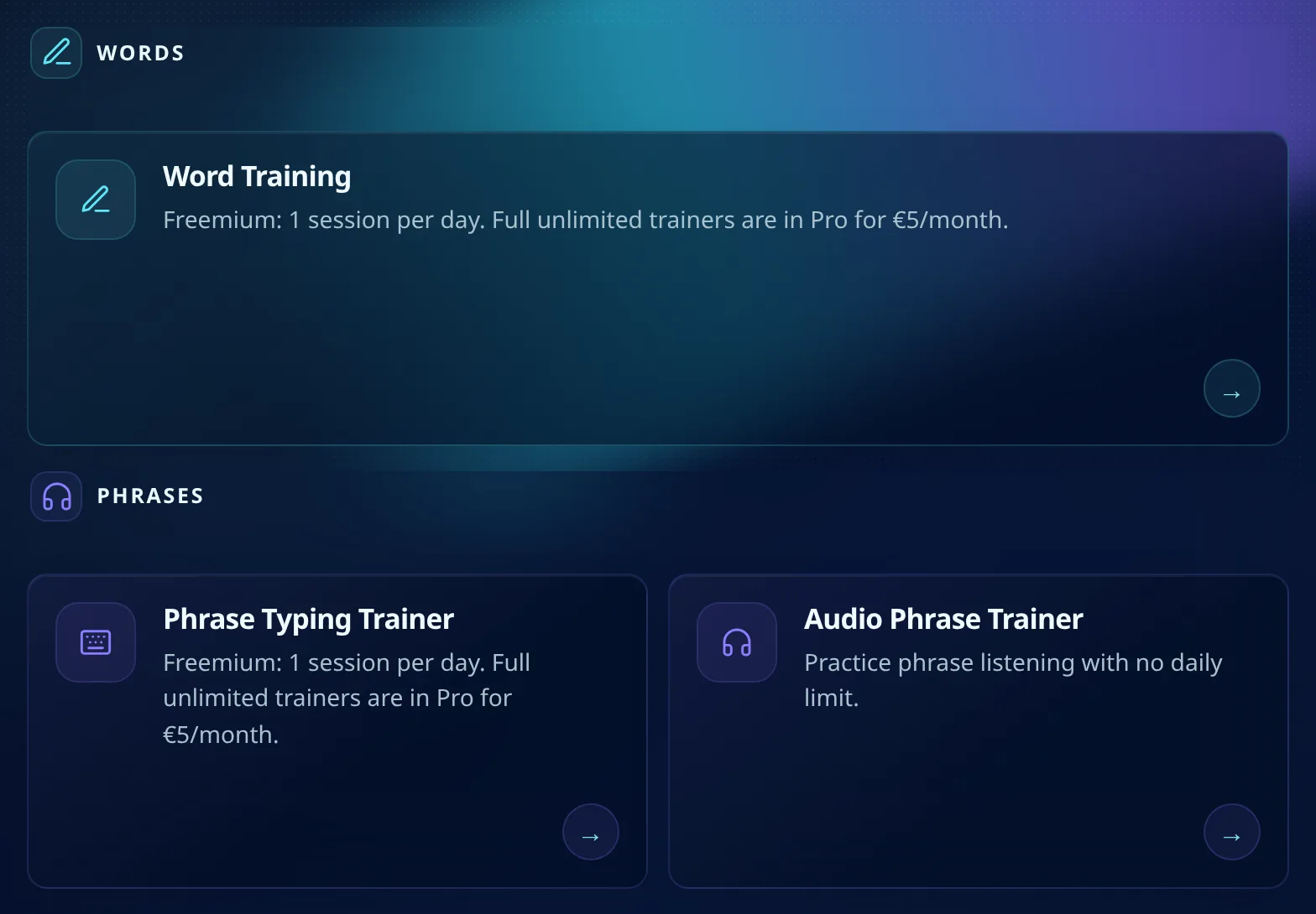 The trainers page showing one session a day for typing trainers and no daily limit for listening