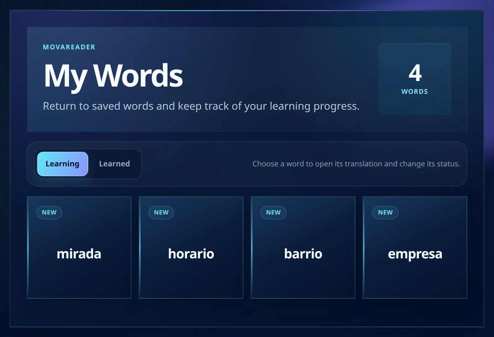 The My Words page listing saved Spanish words on a free account