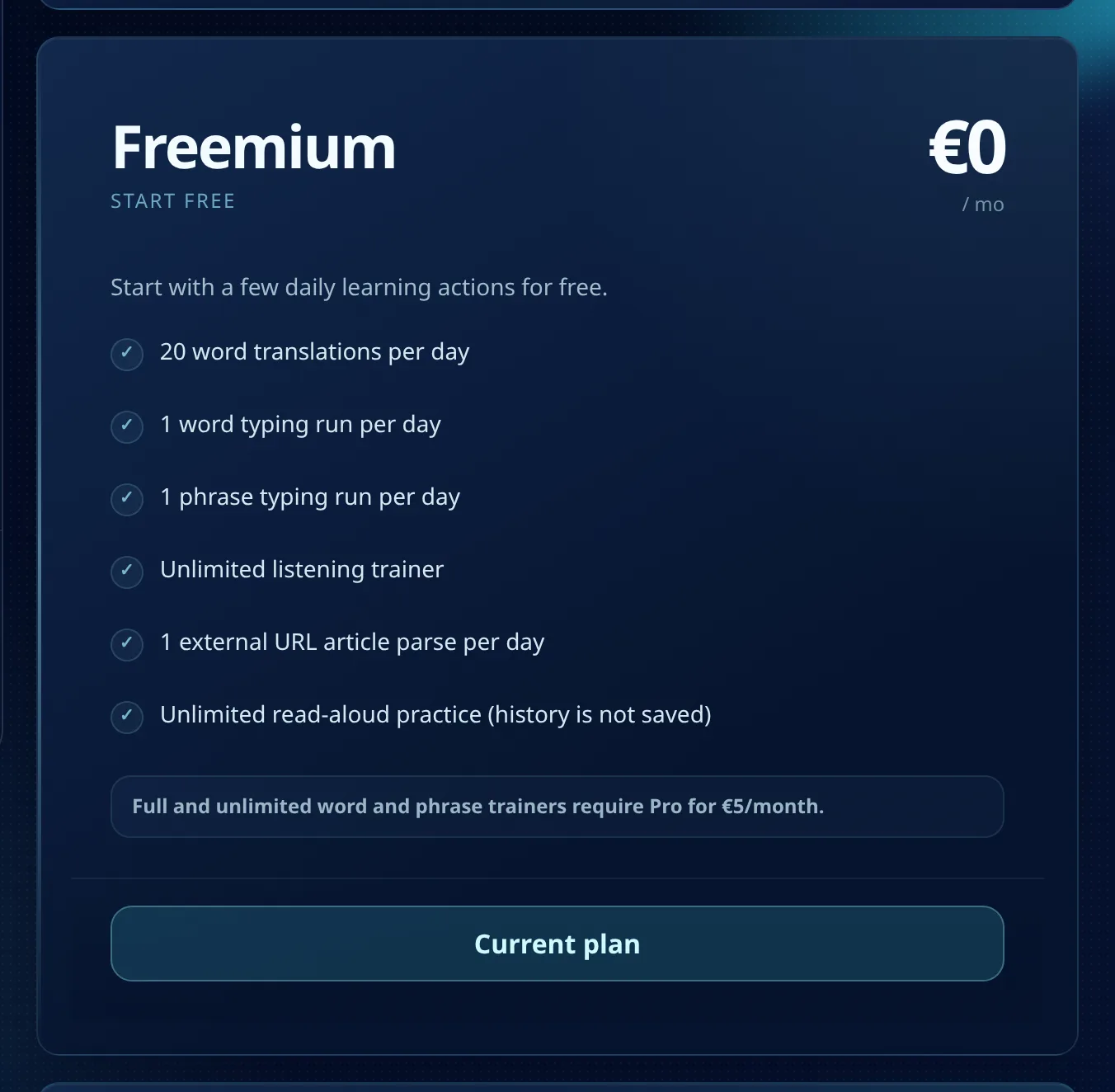 The Freemium card on the MovaReader pricing page listing every free allowance