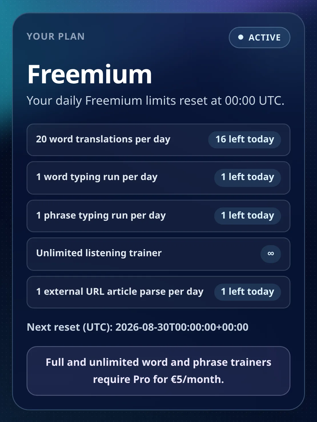 The Freemium plan card listing daily limits and how many are left today