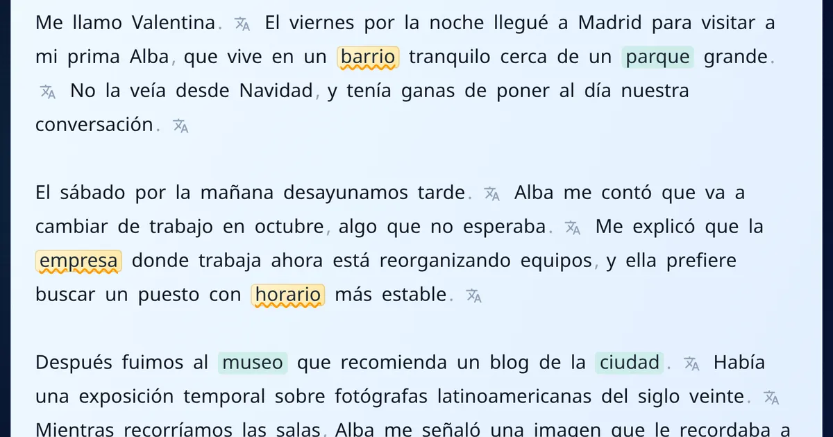 Reading a Spanish article in MovaReader with words marked green and amber
