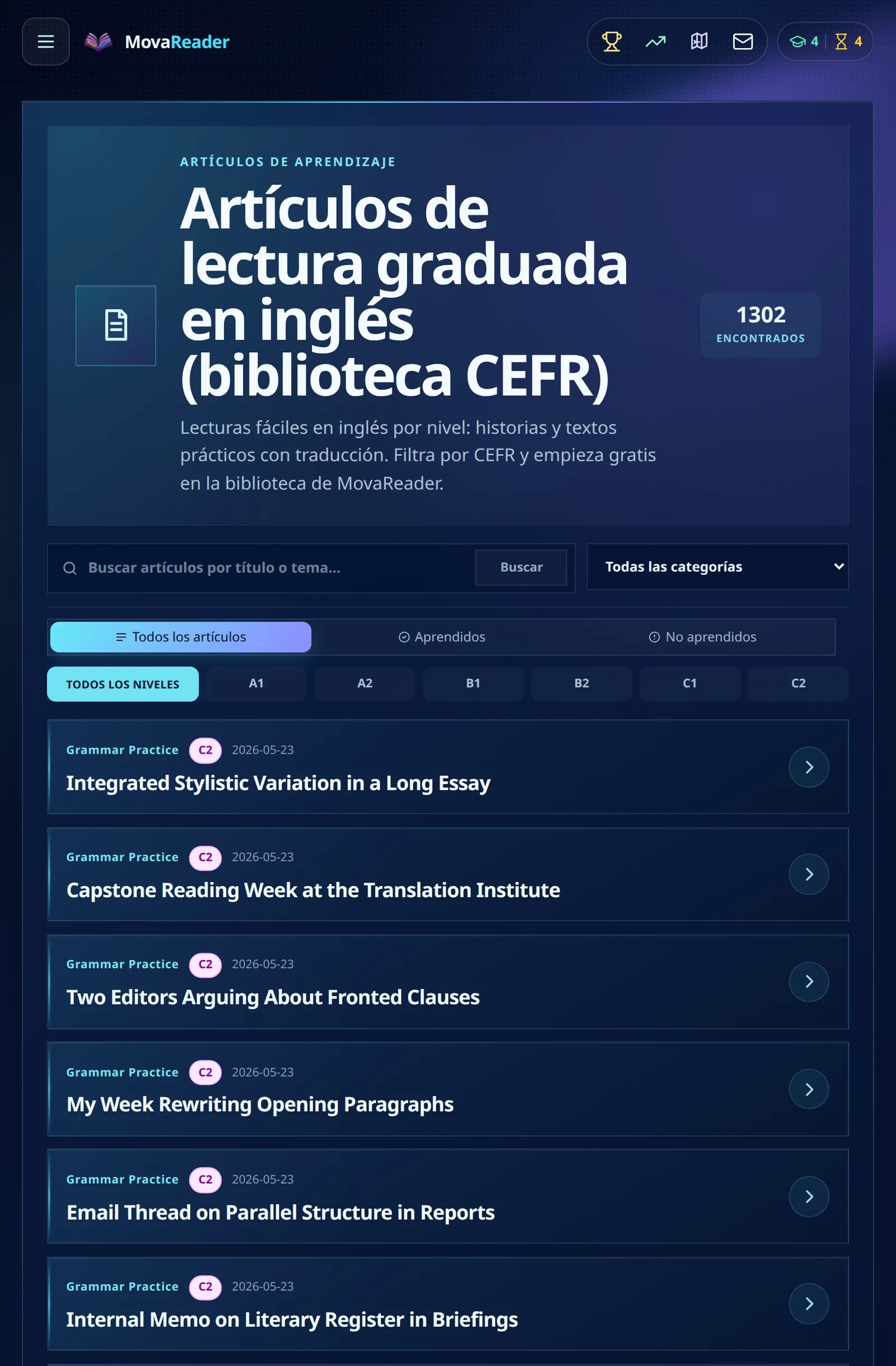 Biblioteca de MovaReader con más de mil textos en inglés filtrados por nivel CEFR